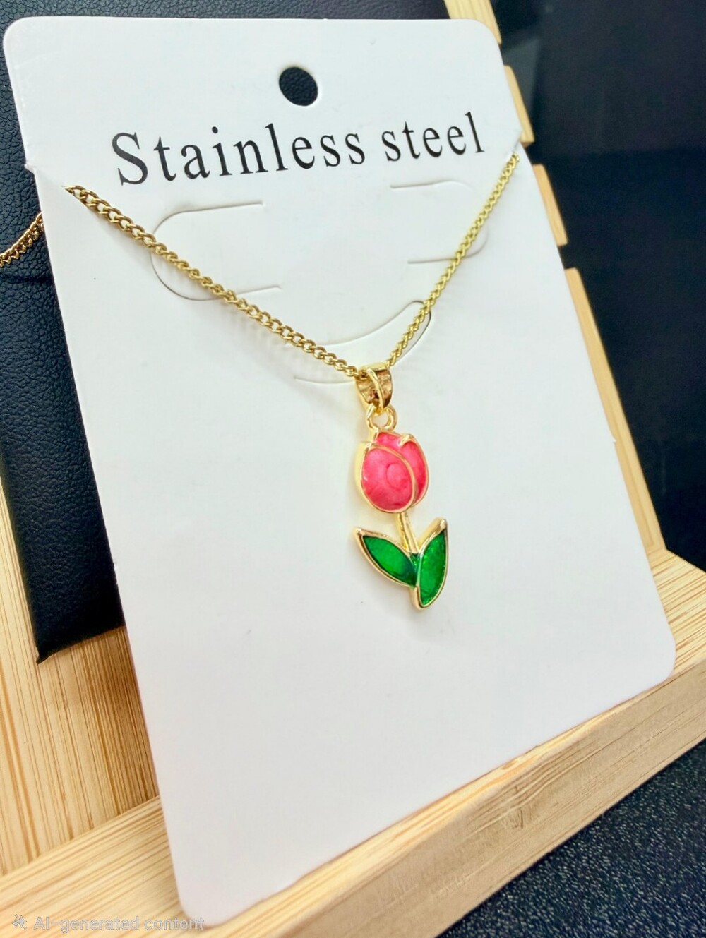 New! Chic Pink Tulip Pendant Necklace in Gold-Tone Stainless Steel